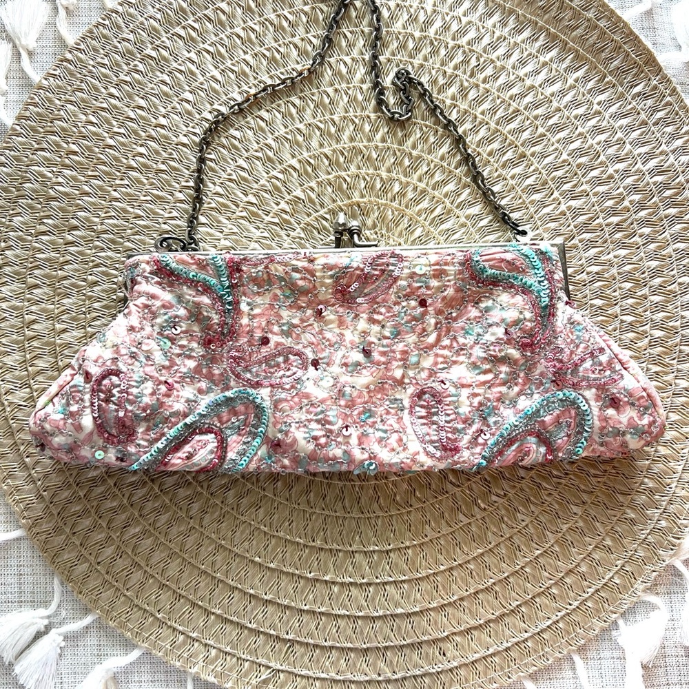 Vintage Pink Paisley Beaded Bag Trending Retro  Whimsy Ethereal  EUC - Picture 2 of 7